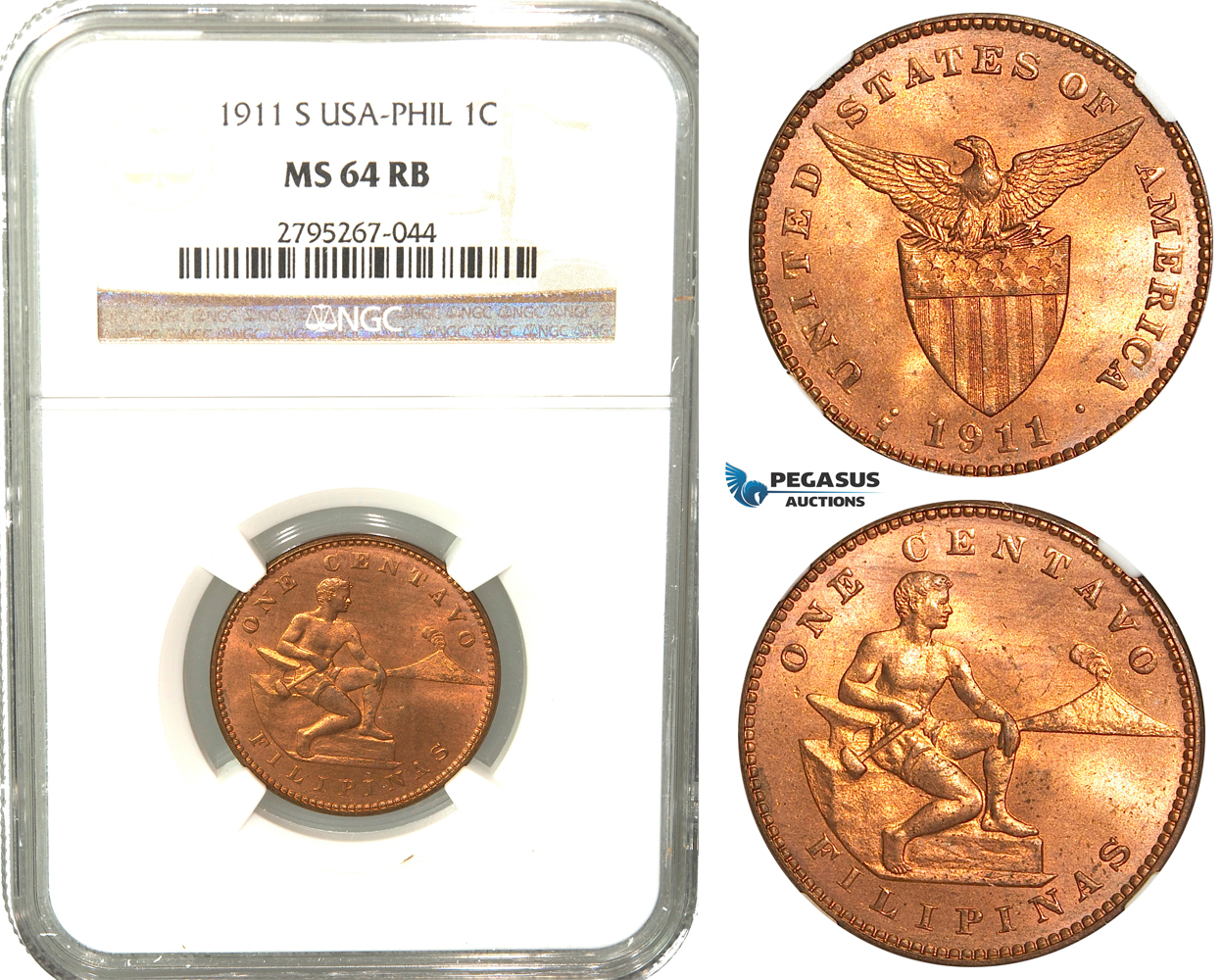 W54, Philippines (US Mandate) 1 Centavo 1911-S, San Francisco, NGC MS64RB