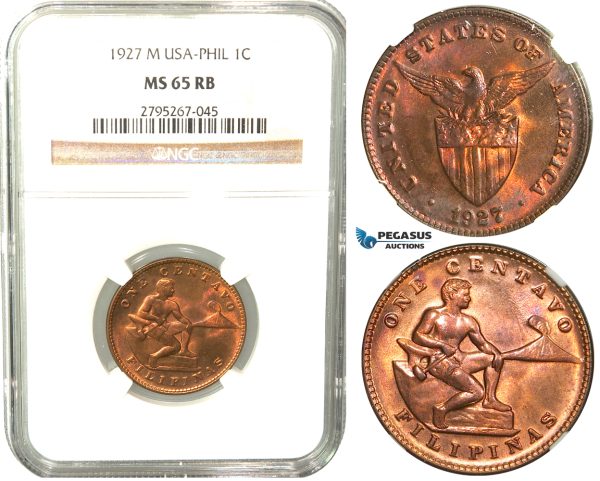 W55, Philippines (US Mandate) 1 Centavo 1927-M, Manila, NGC MS65RB
