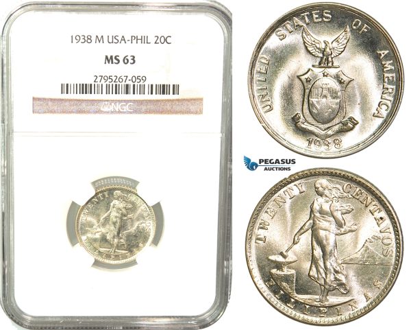 W57, Philippines (US Mandate) 20 Centavos 1938-M, Manila, Silver, NGC MS63