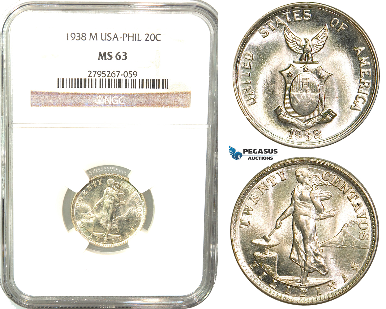 W57, Philippines (US Mandate) 20 Centavos 1938-M, Manila, Silver, NGC MS63