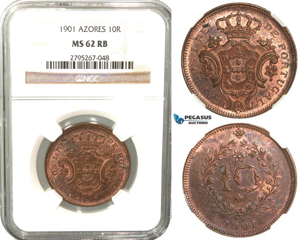 W59, Portugal, Azores, Carlos I, 10 Reis 1901, NGC MS62RB