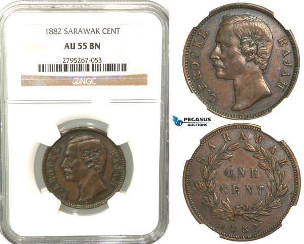 W63, Sarawak, C. Brooke Rajah, 1 Cent 1882-H, Heaton, NGC AU55BN
