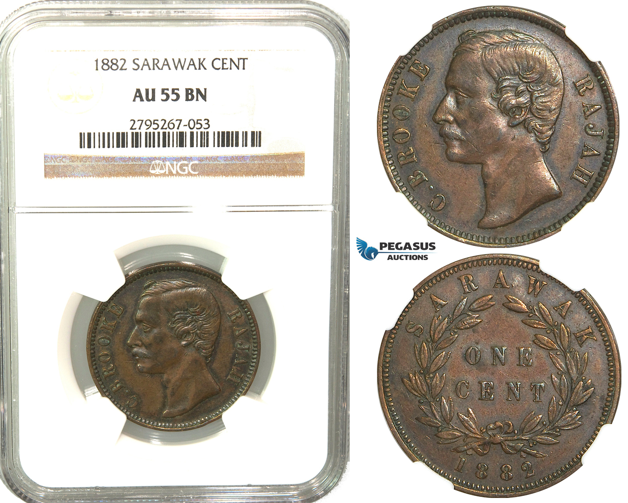 W63, Sarawak, C. Brooke Rajah, 1 Cent 1882-H, Heaton, NGC AU55BN