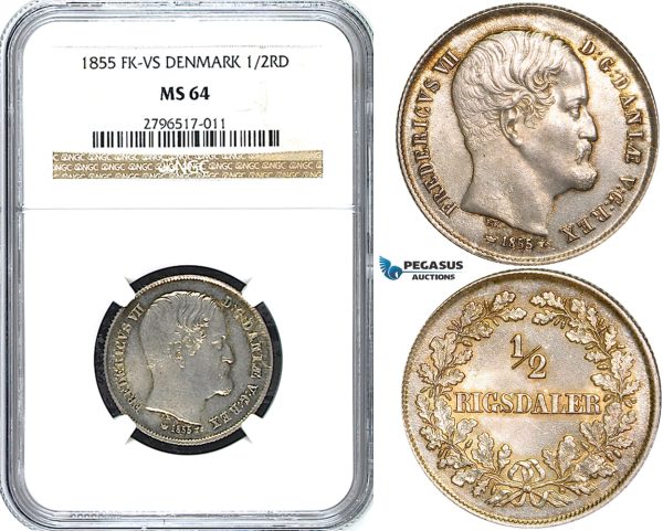 W71, Denmark, Frederik VII, 1/2 Rigsdaler 1855-VS, Copenhagen, Silver, NGC MS64
