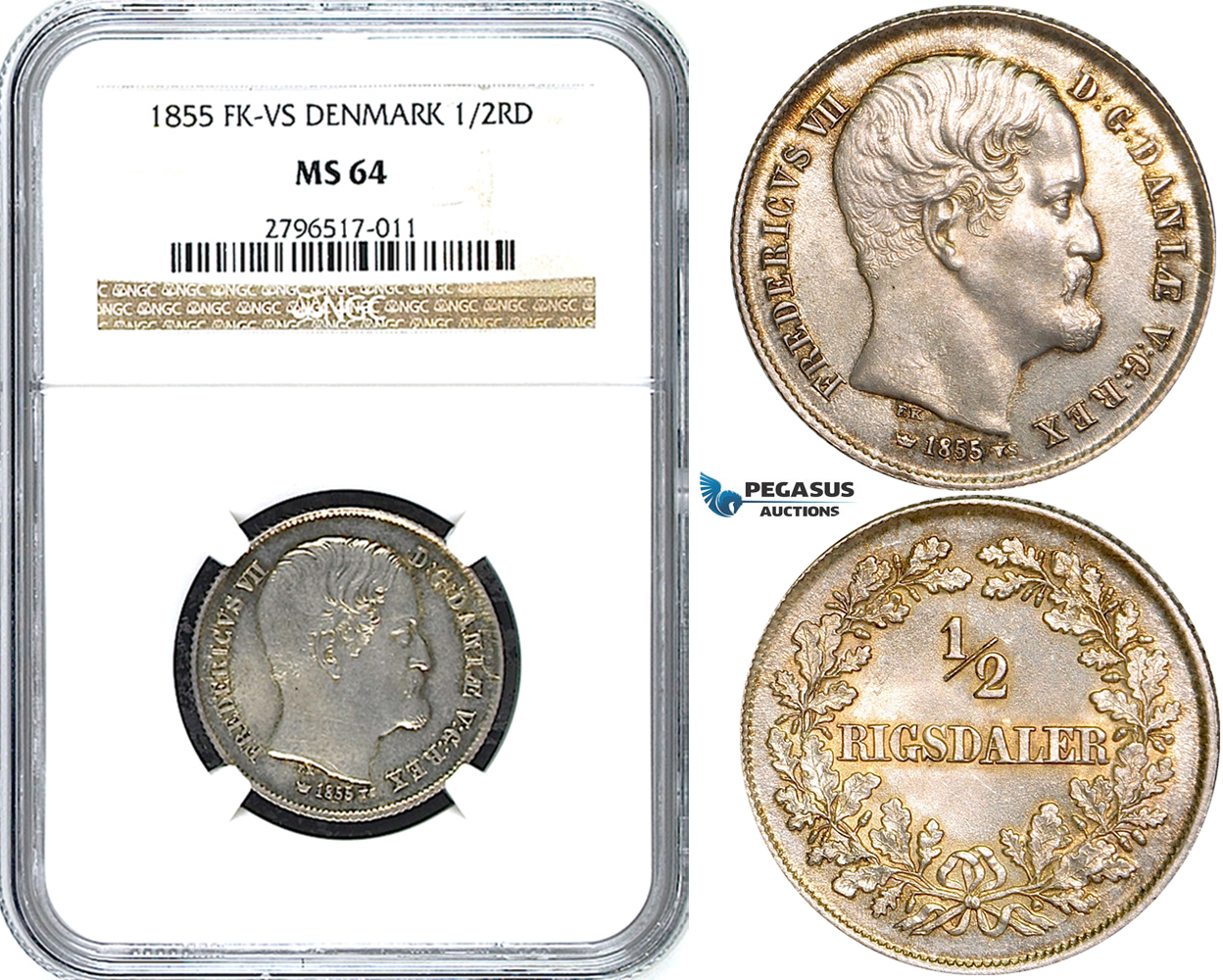 W71, Denmark, Frederik VII, 1/2 Rigsdaler 1855-VS, Copenhagen, Silver, NGC MS64