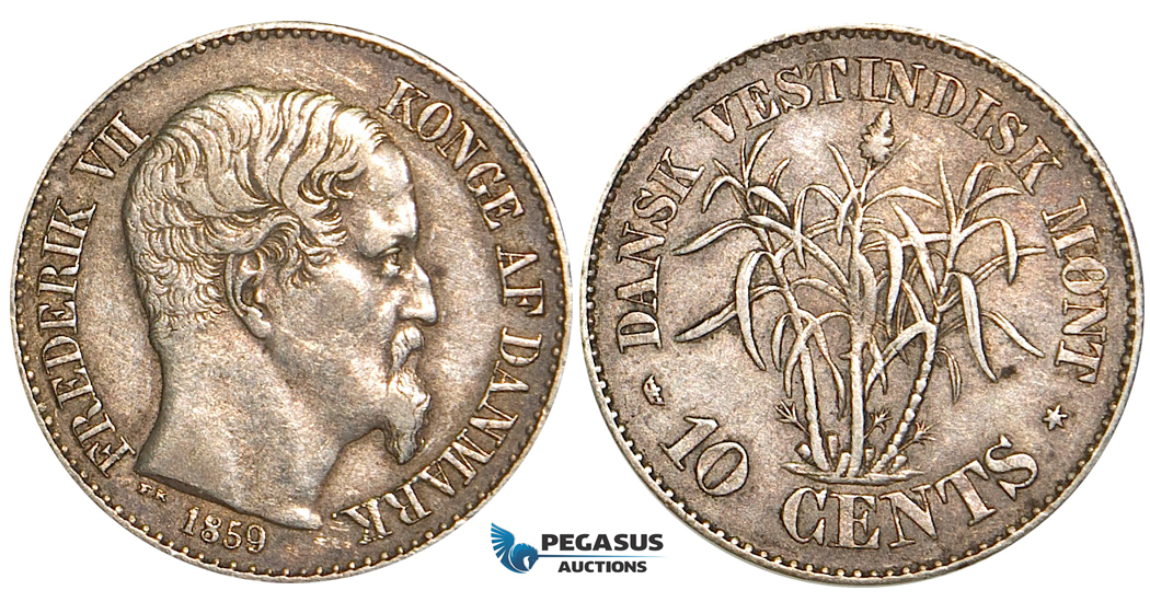 W72, Danish West Indies, Frederik VII, 10 Cents 1859, Altona, Silver, VF-XF, Nice toning!