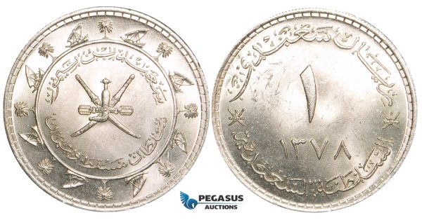 W73, Muscat & Oman, Sa'id bin Taimur Saidi Riyal AH 378 (1958) Silver, UNC (Minor bag marks)