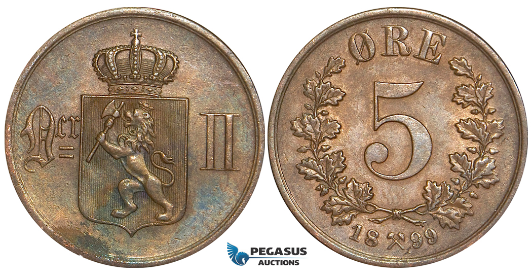 W74, Norway, Oscar II, 5 Øre 1899, Kongsberg, High Grade (Minor light corrosion spot)