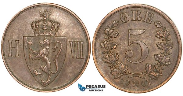 W75, Norway, Haakon VII, 5 Øre 1907, Kongsberg, AXF
