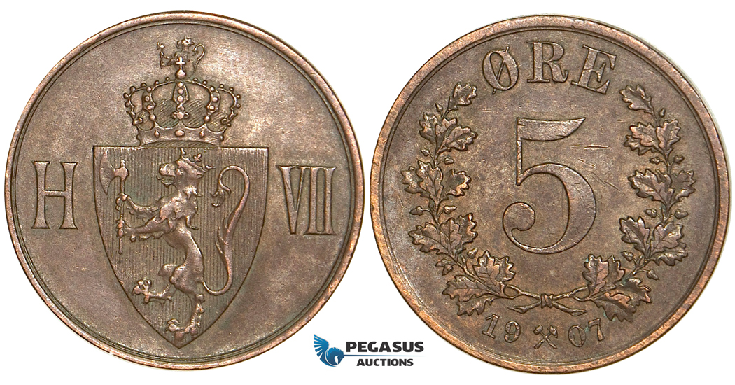 W75, Norway, Haakon VII, 5 Øre 1907, Kongsberg, AXF