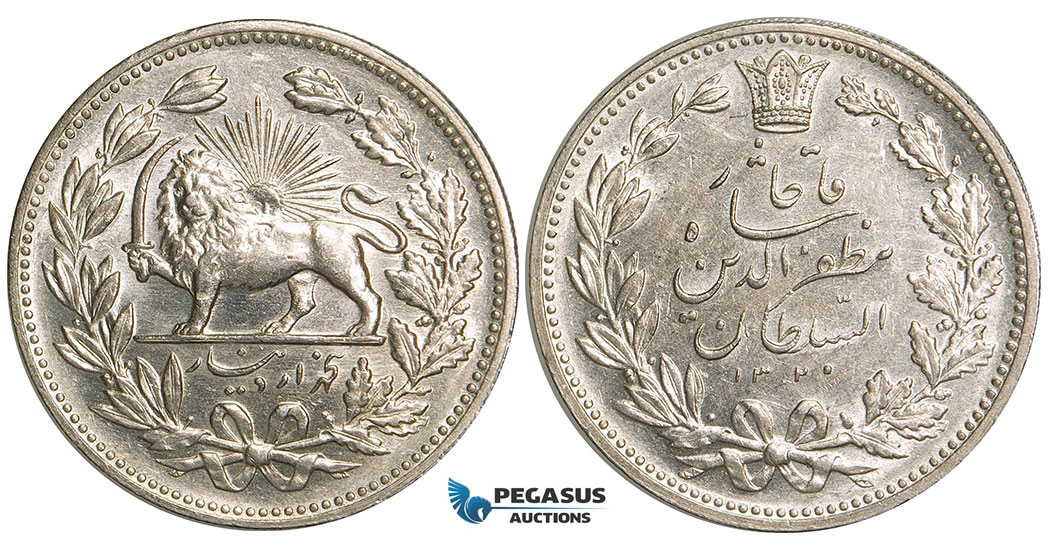 W78, Iran, Muzaffar al-Din Shah, 5000 Dinars SH1320 (1902) Silver, aUNC (Cleaned)