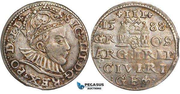 W79, Latvia, Sigismund III of Poland, 3 Groschen (Trojak) 1588, Riga, Silver (2.56g) Toned aXF
