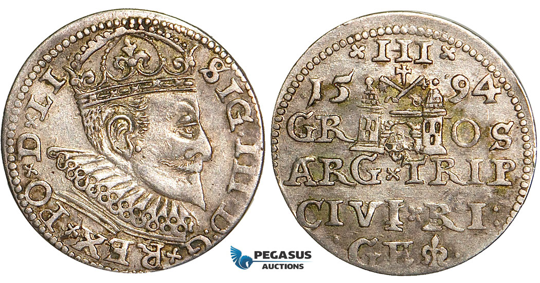 W80, Latvia, Sigismund III of Poland, 3 Groschen (Trojak) 1594, Riga, Silver (2.30g) Toned VF-XF