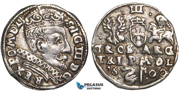 W82, Lithuania, Sigismund III of Poland, 3 Groschen (Trojak) 1600, Vilnius, Silver (2.19g) gVF (Cleaned) Very Rare!
