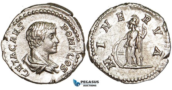 W92, Roman Empire, Geta (198-209 AD) AR Denarius (3.57g) Rome (203-208 AD) Minerva, About EF