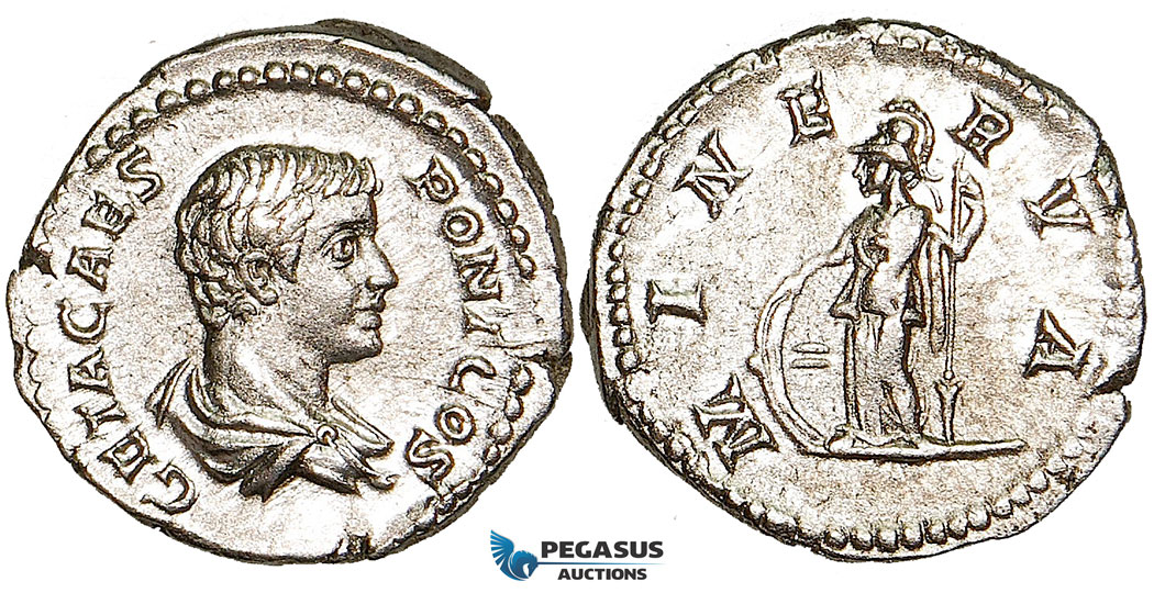 W92, Roman Empire, Geta (198-209 AD) AR Denarius (3.57g) Rome (203-208 AD) Minerva, About EF