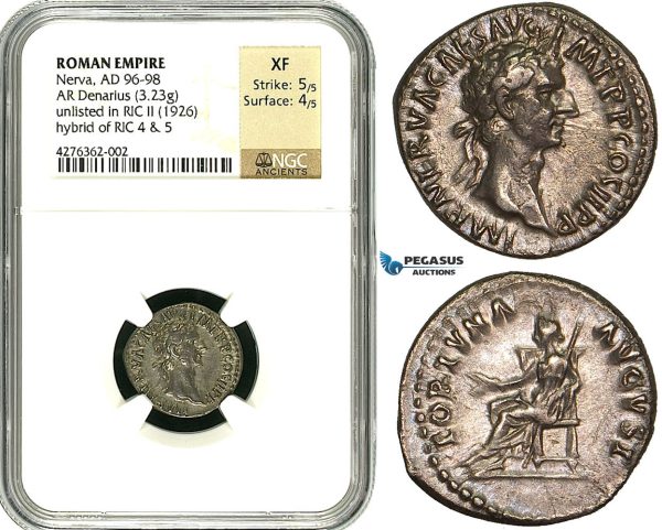 Y17, Roman Empire, Nerva (96-98 AD) AR Denarius (3.23g) 96 AD, Rome, Fortuna, NGC XF (RIC Unlisted!) RRR! NGC Article!