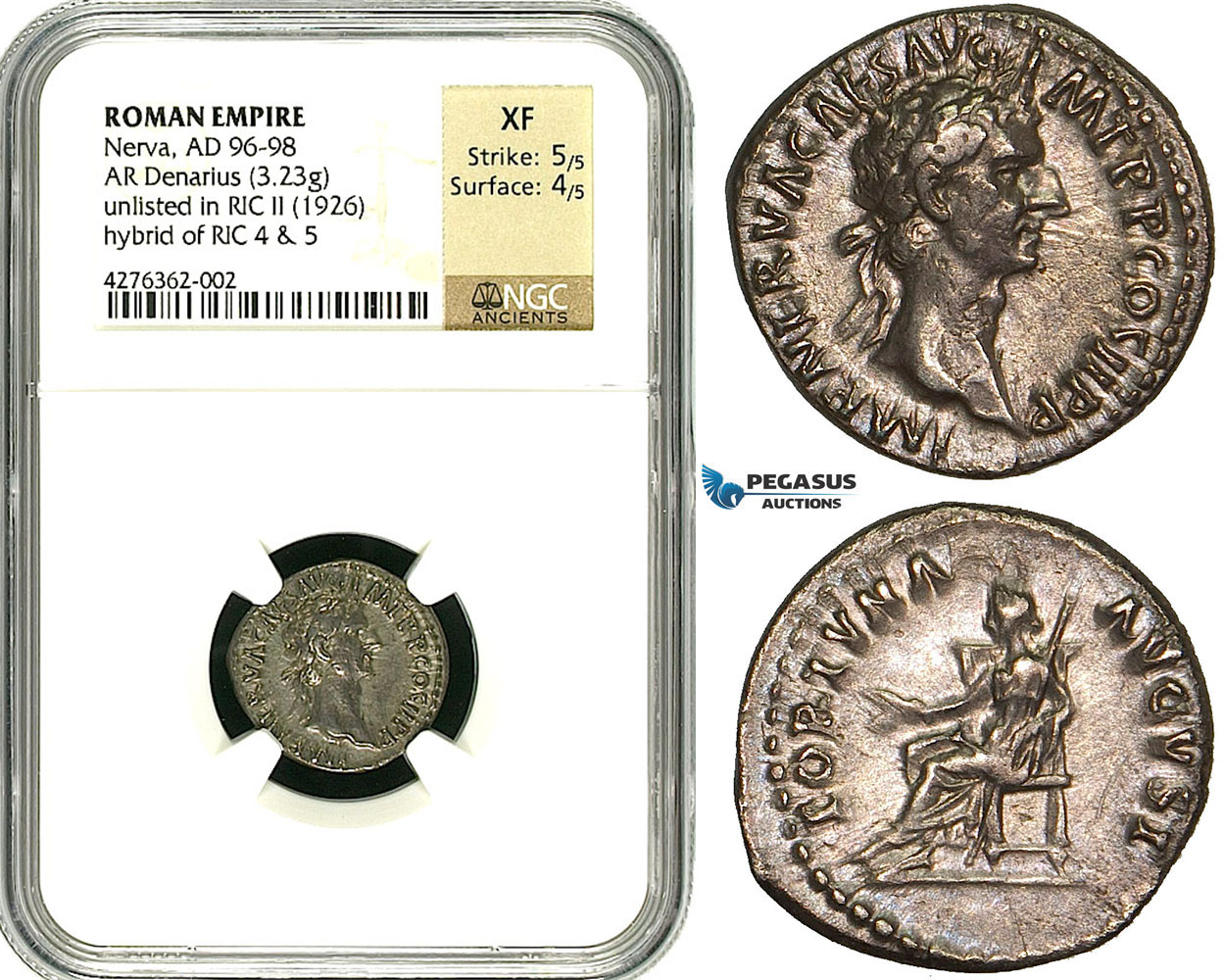 Y17, Roman Empire, Nerva (96-98 AD) AR Denarius (3.23g) 96 AD, Rome, Fortuna, NGC XF (RIC Unlisted!) RRR! NGC Article!