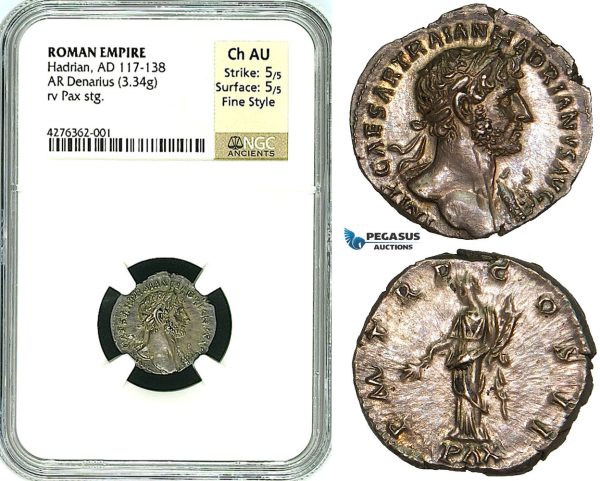 Y18, Roman Empire, Hadrian (117-138 AD) AR Denarius (3.34g) 119-122 AD, Rome, PAX, NGC Ch AU Fine Style