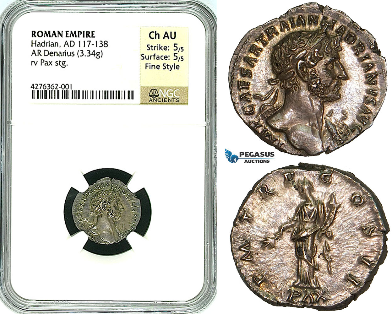 Y18, Roman Empire, Hadrian (117-138 AD) AR Denarius (3.34g) 119-122 AD, Rome, PAX, NGC Ch AU Fine Style