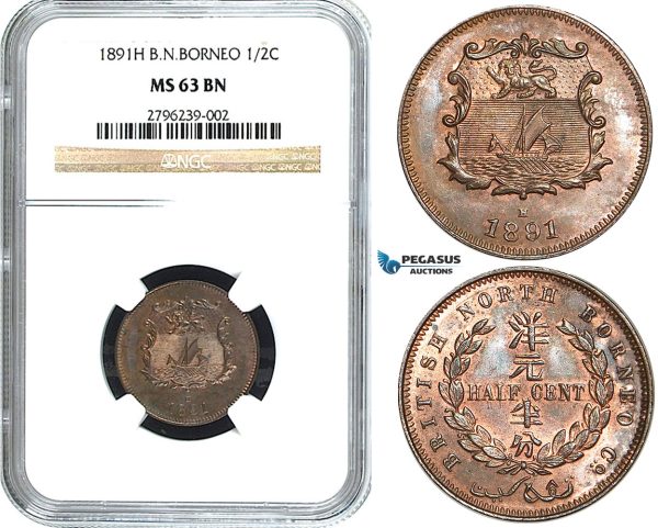 Y21, British North Borneo, 1/2 Cent 1891-H, Heaton, NGC MS63BN