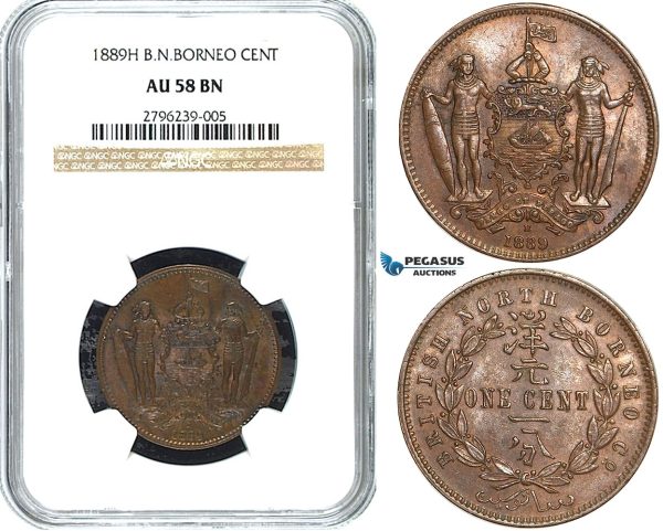 Y24, British North Borneo, 1 Cent 1889-H, Heaton, NGC AU58BN