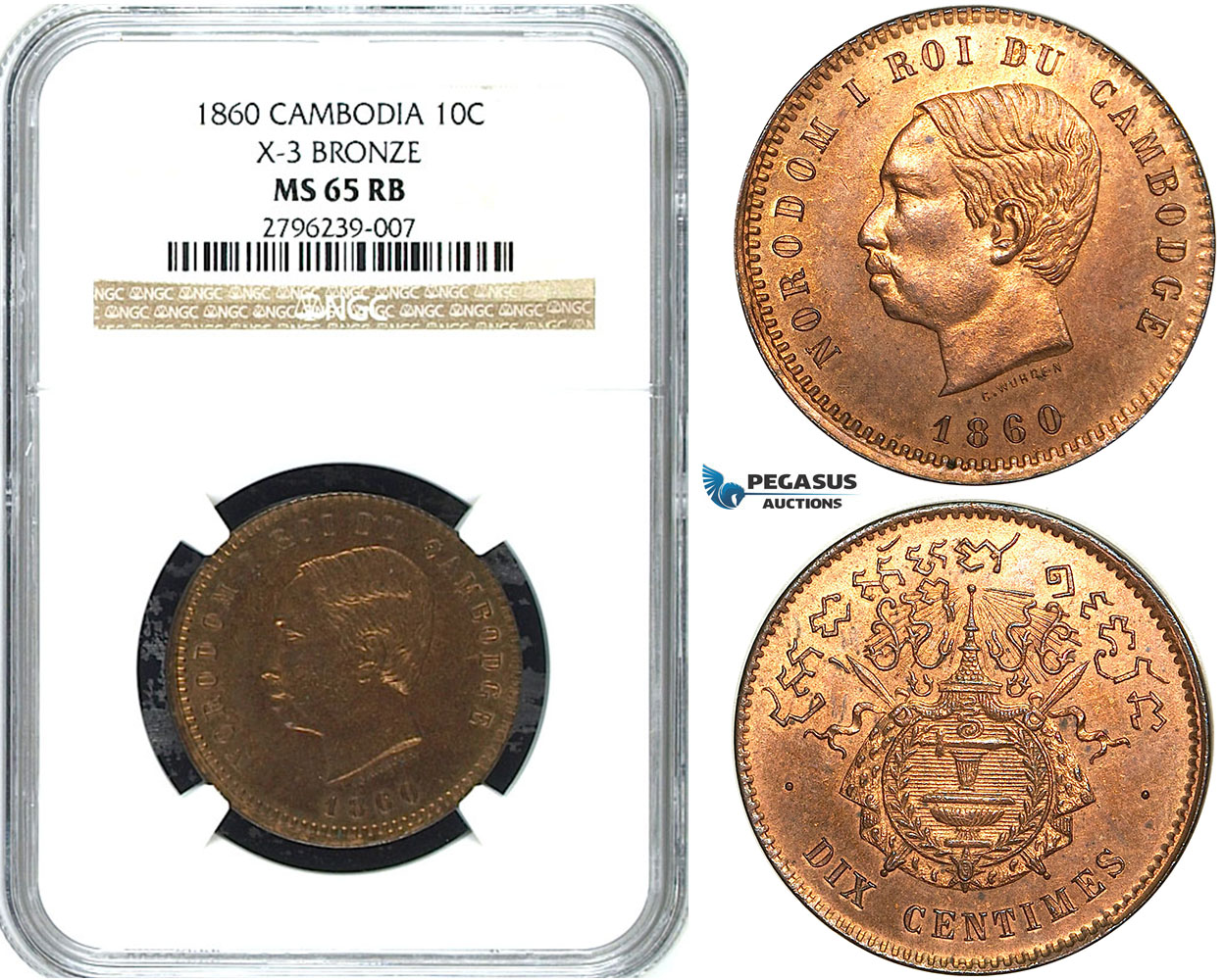 Y25, Cambodia, Norodom I, 10 Centimes 1860, NGC MS65RB (Not restrike!)