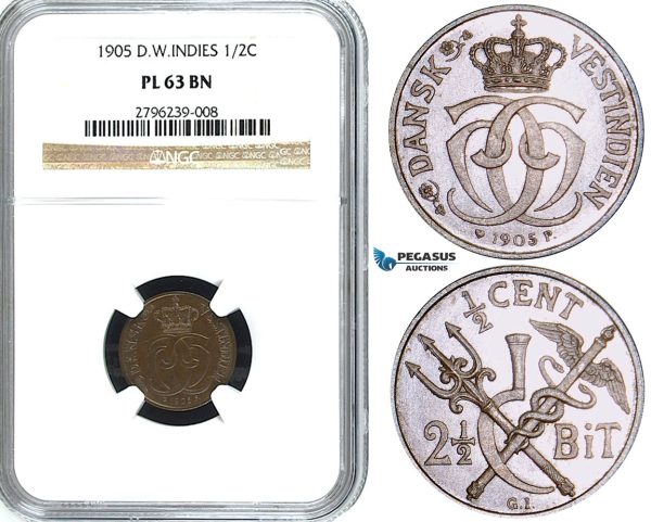 Y27, Danish West Indies, Christian IX, 1/2C. (2-1/2 Bit) 1905, Copenhagen, NGC PL63BN (Pop 1/1, Finest and only graded as PL) Rare Grade!