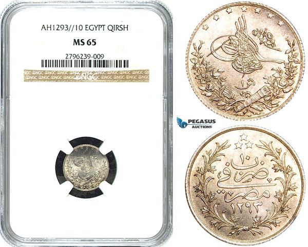 Y28, Ottoman Empire, Egypt, Abdül Hamid II, Qirsh, AH1293/10 W, Berlin, Silver, NGC MS65 (Pop 1/1, Finest)
