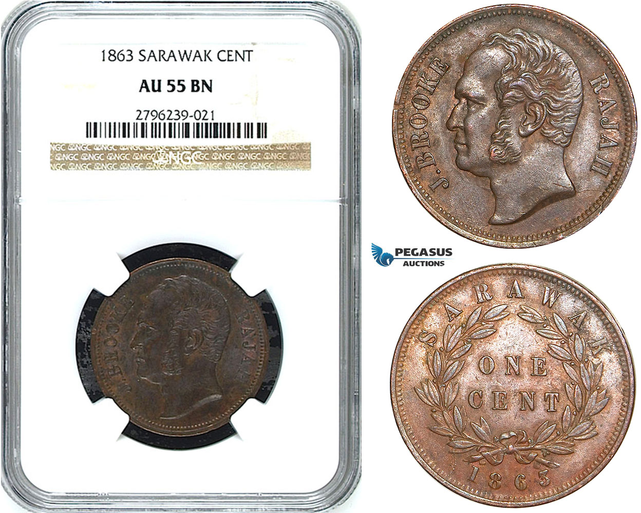 Y39, Sarawak, J. Brooke Rajah, 1 Cent 1863, NGC AU55BN