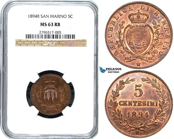 Y57, San Marino, 5 Centesimi 1894-R, Rome, NGC MS63RB