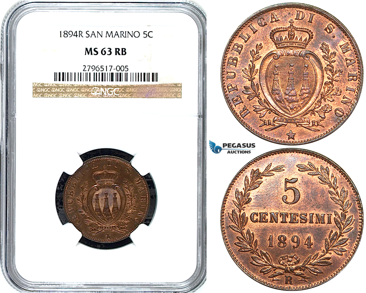 Y57, San Marino, 5 Centesimi 1894-R, Rome, NGC MS63RB