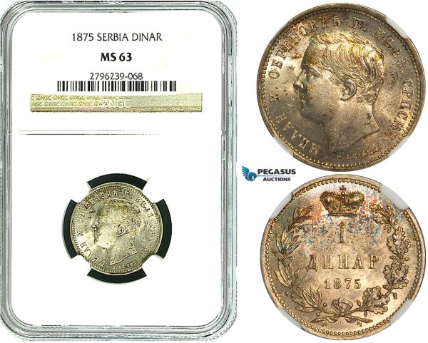 Y58, Serbia, Milan I. Obrenovic, 1 Dinar 1875, Silver, NGC MS63