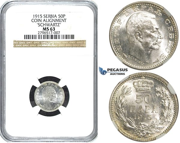 Y64, Serbia, Petar I, 50 Para 1915, Paris, Silver, KM-24.3, NGC MS63