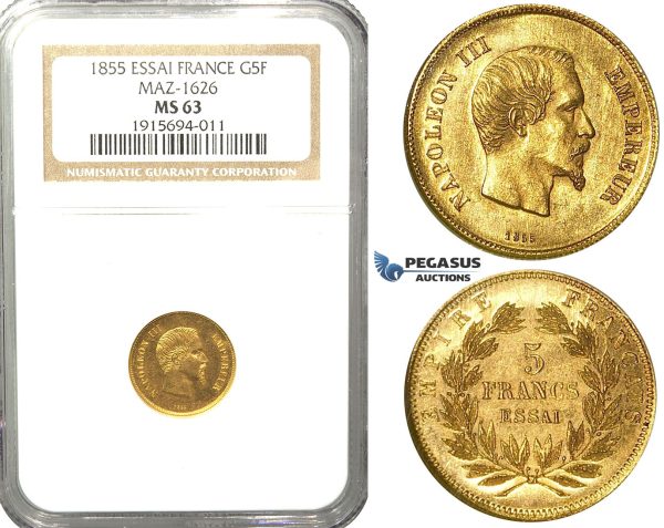 Y84, France, Napoleon III, ESSAI 5 Francs 1855, Paris, Gold, Maz. 1626 (Large Module) NGC MS63, Extremely Rare!