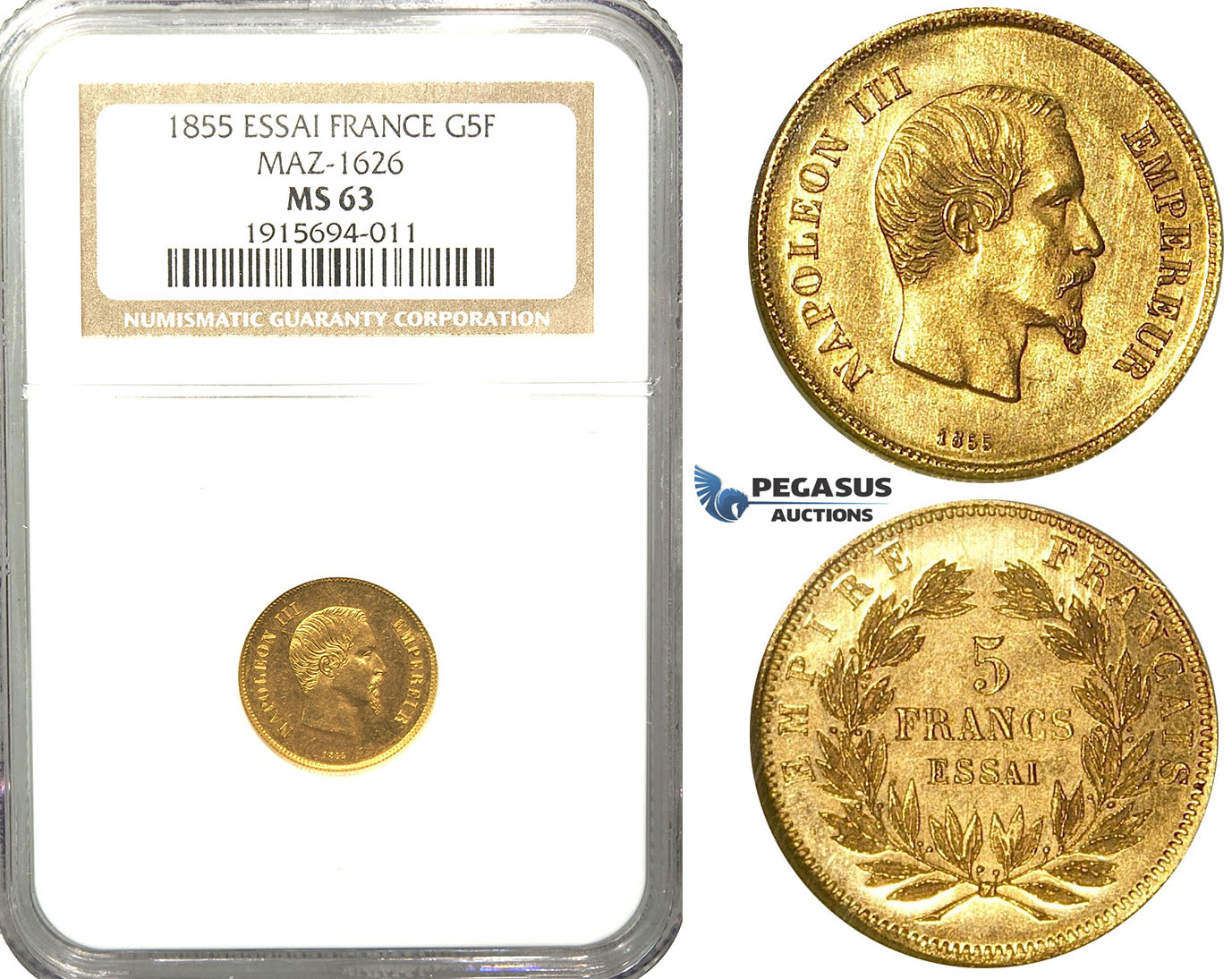 Y84, France, Napoleon III, ESSAI 5 Francs 1855, Paris, Gold, Maz. 1626 (Large Module) NGC MS63, Extremely Rare!