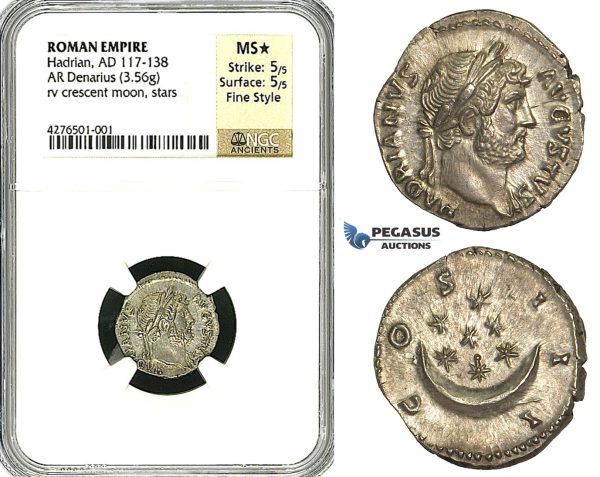 Y88, Roman Empire, Hadrian (117-138 AD) AR Denarius (3.56g) Rome (125-128 AD) Crescent/Stars, NGC MS* Fine Style