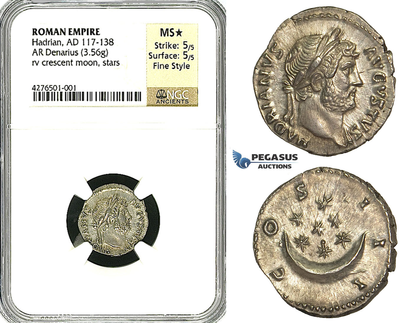 Y88, Roman Empire, Hadrian (117-138 AD) AR Denarius (3.56g) Rome (125-128 AD) Crescent/Stars, NGC MS* Fine Style