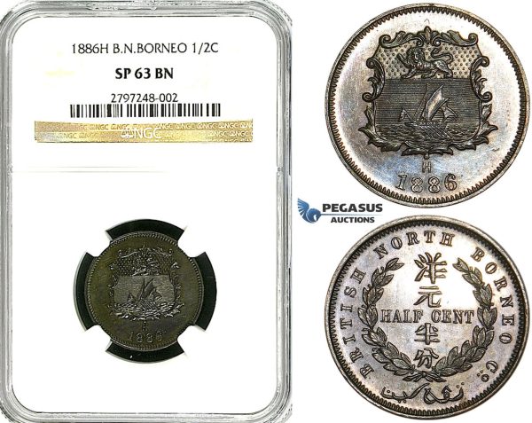 Y91, British North Borneo, 1/2 Cent 1886-H, Heaton, NGC SP63BN