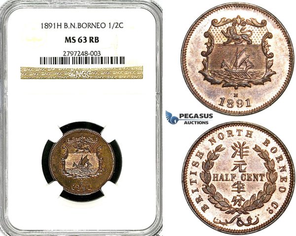 Y92, British North Borneo, 1/2 Cent 1891-H, Heaton, NGC MS63RB