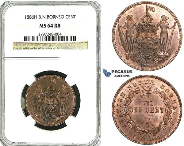Y93, British North Borneo, 1 Cent 1886-H, Heaton, NGC MS64RB