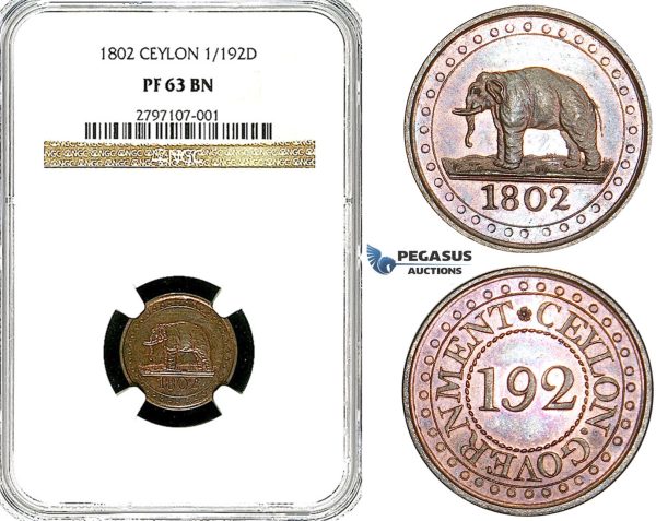 Y95, Ceylon (Sri Lanka) 1/192 Rixdollar 1802, NGC PF63BN