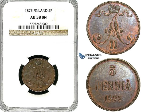 Y96, Finland (under Russia) Alexander II, 5 Penniä 1875, NGC AU58BN