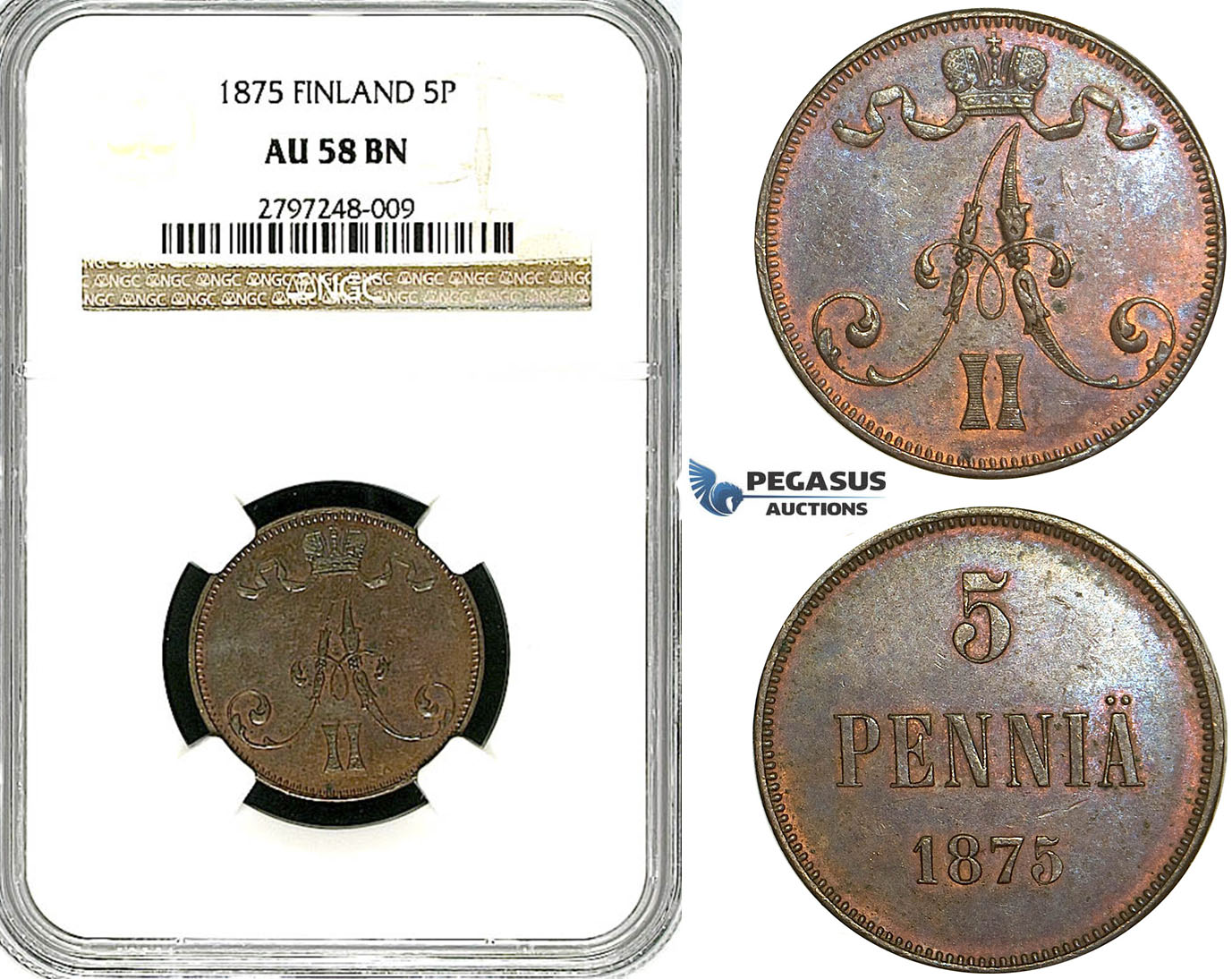Y96, Finland (under Russia) Alexander II, 5 Penniä 1875, NGC AU58BN