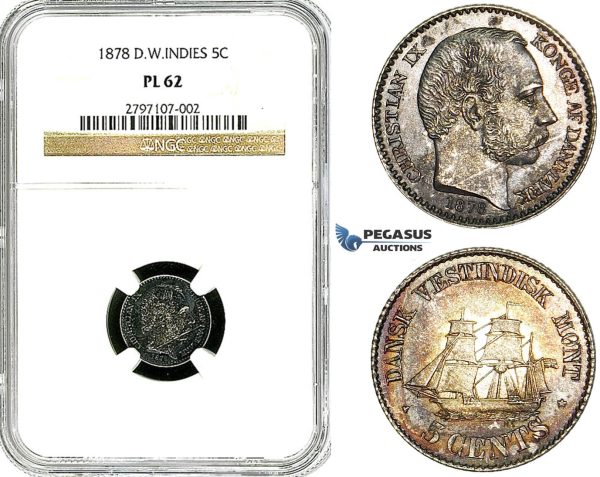 Y97, Danish West Indies, Christian IX, 5 Cents 1878, Copenhagen, Silver, NGC PL62