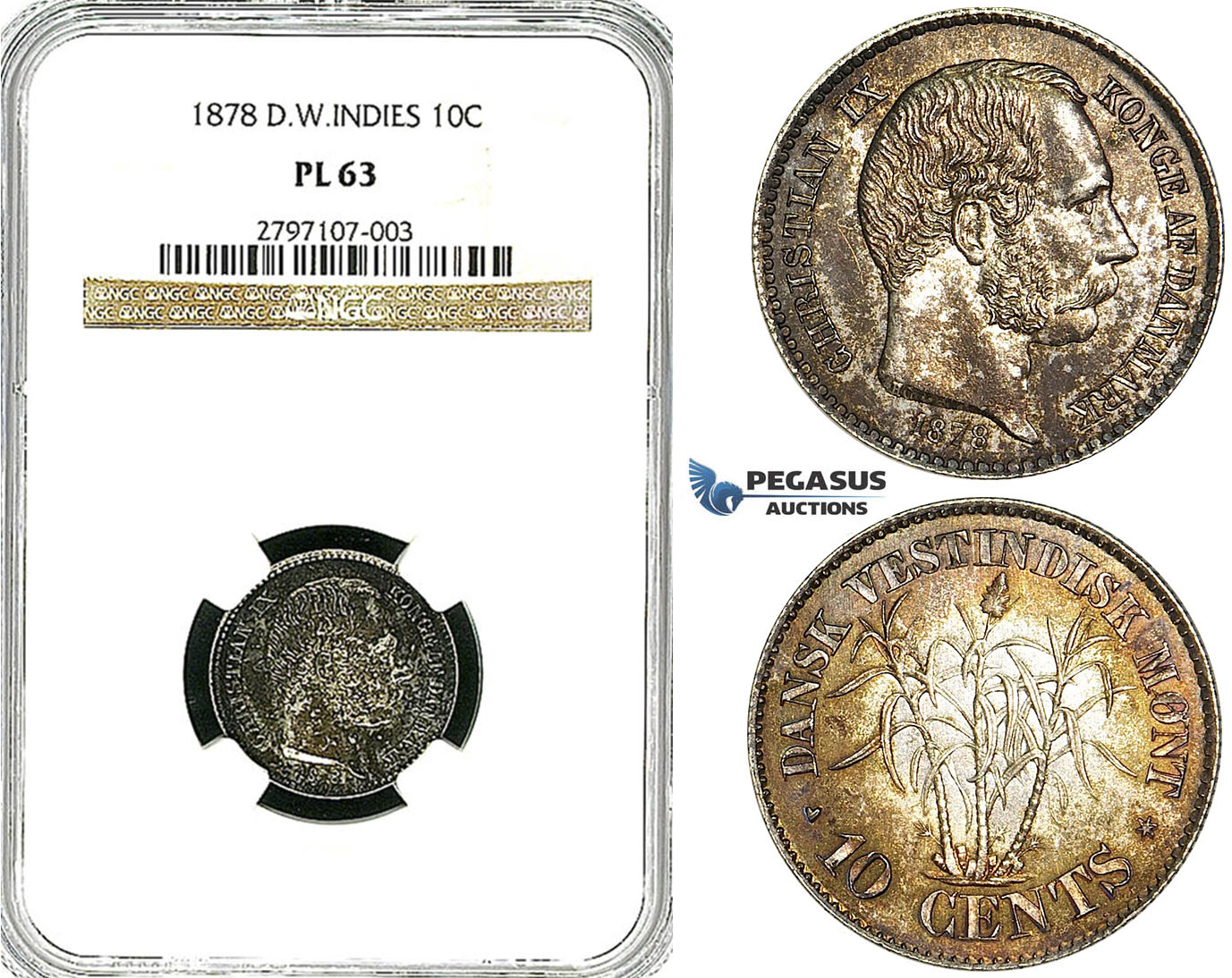 Y98, Danish West Indies, Christian IX, 10 Cents 1878, Copenhagen, Silver, NGC PL63