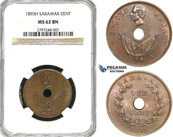 Z03, Sarawak, C. Brooke Rajah, 1 Cent 1893-H, Heaton, NGC MS62BN
