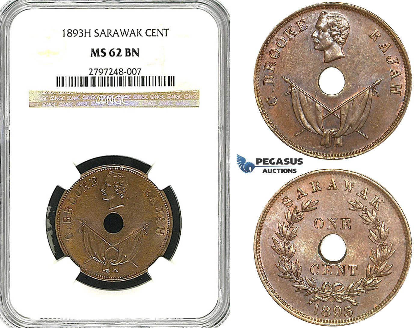 Z03, Sarawak, C. Brooke Rajah, 1 Cent 1893-H, Heaton, NGC MS62BN