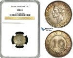 Z04, Sarawak, C. Brooke Rajah, 10 Cents 1915-H, Heaton, Silver NGC MS63