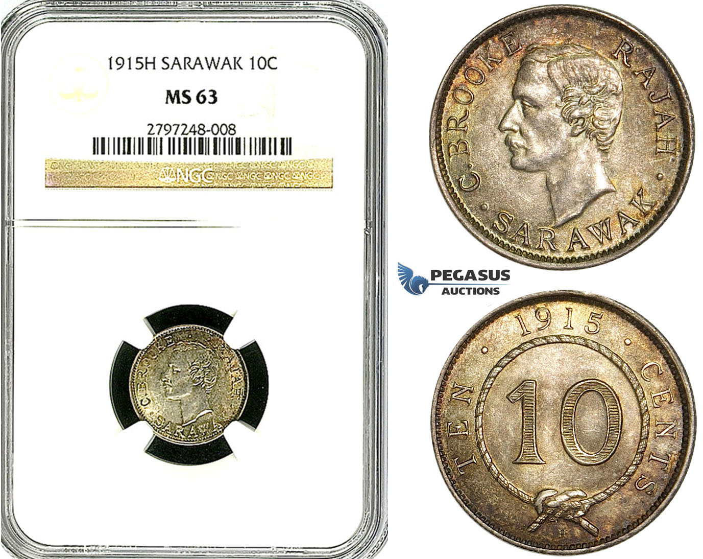 Z04, Sarawak, C. Brooke Rajah, 10 Cents 1915-H, Heaton, Silver NGC MS63